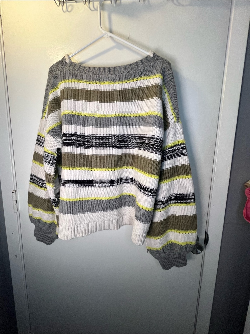 Lou & Grey Striped Off-the-Shoulder Sweater in Gray, White, Olive & Yellow